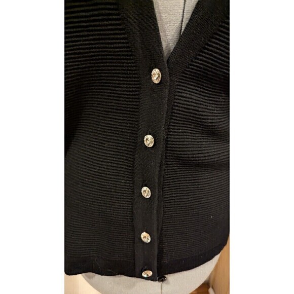 Black Ribbed Knit Cardigan Sweater Rhinestone‎ Buttons Elegant Classic - Picture 4 of 6
